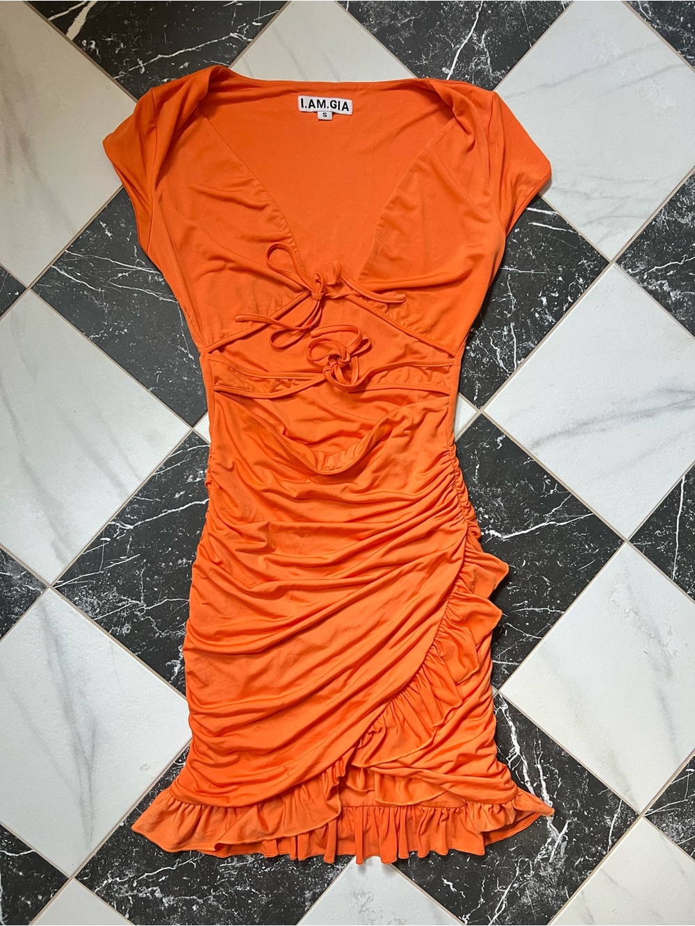 I.AM.GIA Bright Orange Ruched Tie-Front Mini Dress